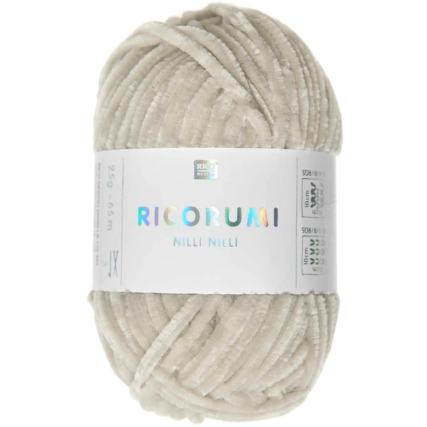 Rico Design Chenille Yarn skein in natural color with soft fuzzy texture and holographic label