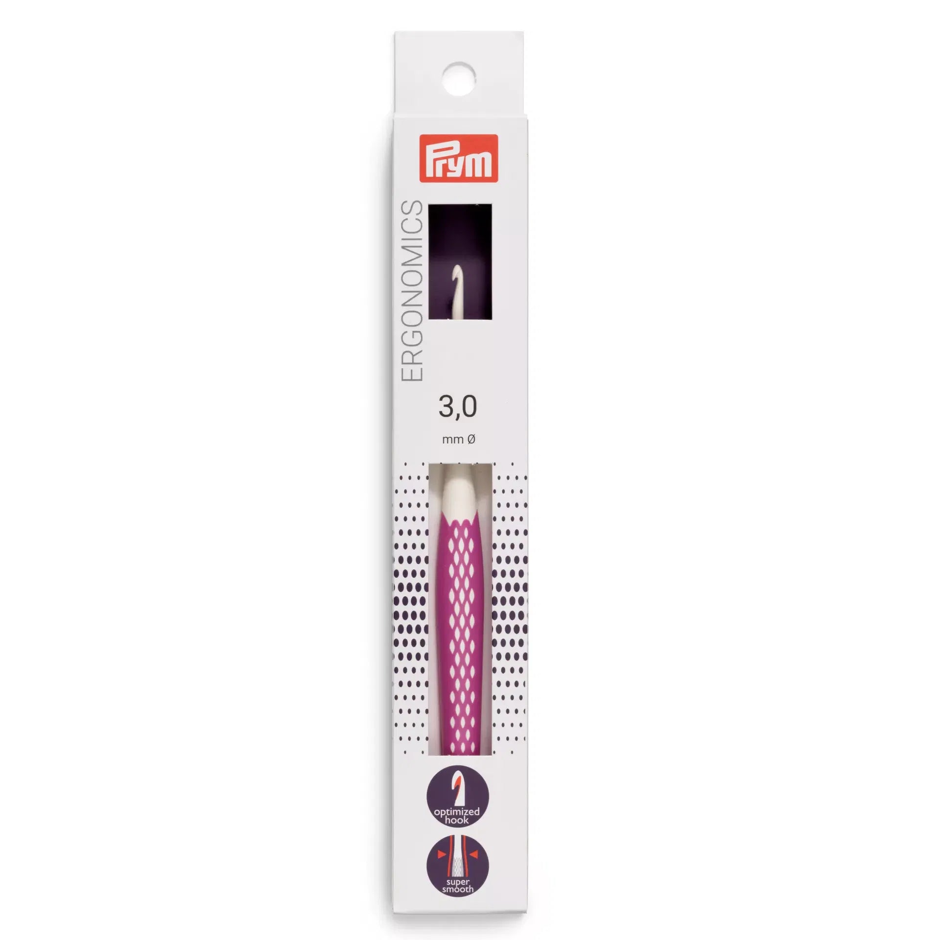 Prym Ergonomics 3mm crochet hook retail box showing purple grip