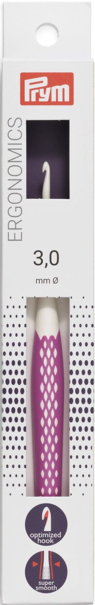 Prym Ergonomics 3mm Häkelnadel in weißer Verpackung mit lila Griff
