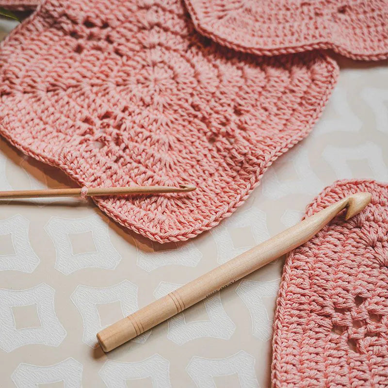 KnitPro beech wood crochet hook in use, 18mm