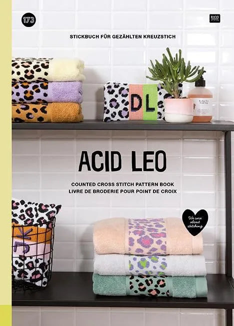 Rico Design Acid Leo embroidery book cover with leopard print cross-stitch patterns on terry towels