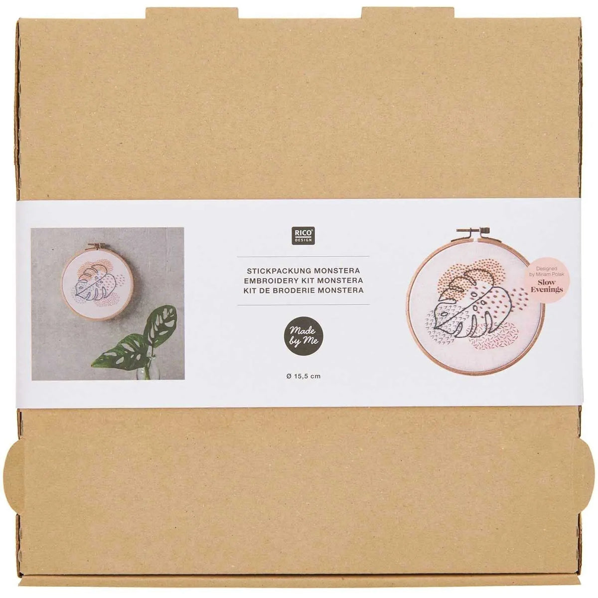 Verpackungsbox Rico Design Monstera Stickset mit Slow Evenings Logo