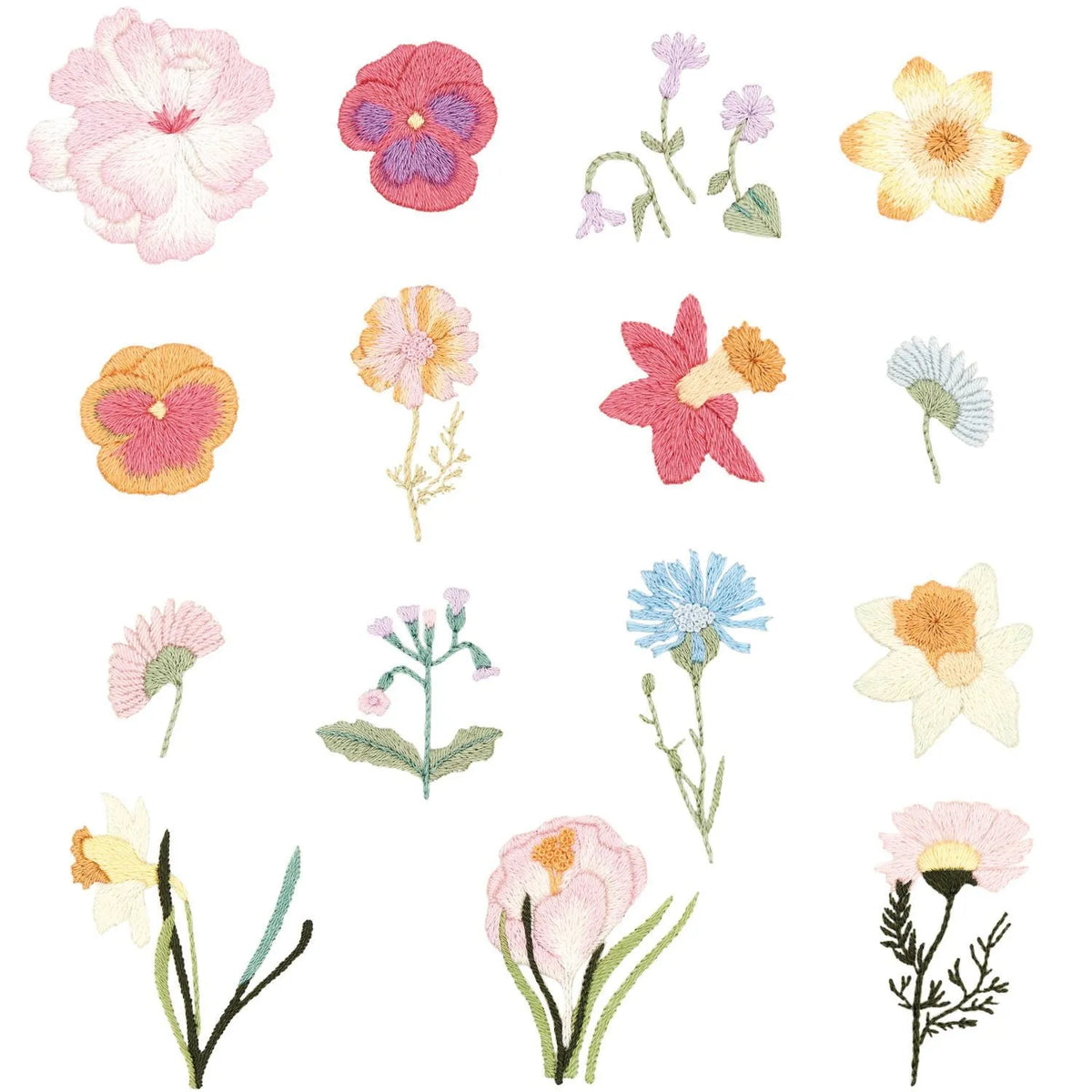 Collection of sixteen pre-stitched spring flower embroidery motifs on white background