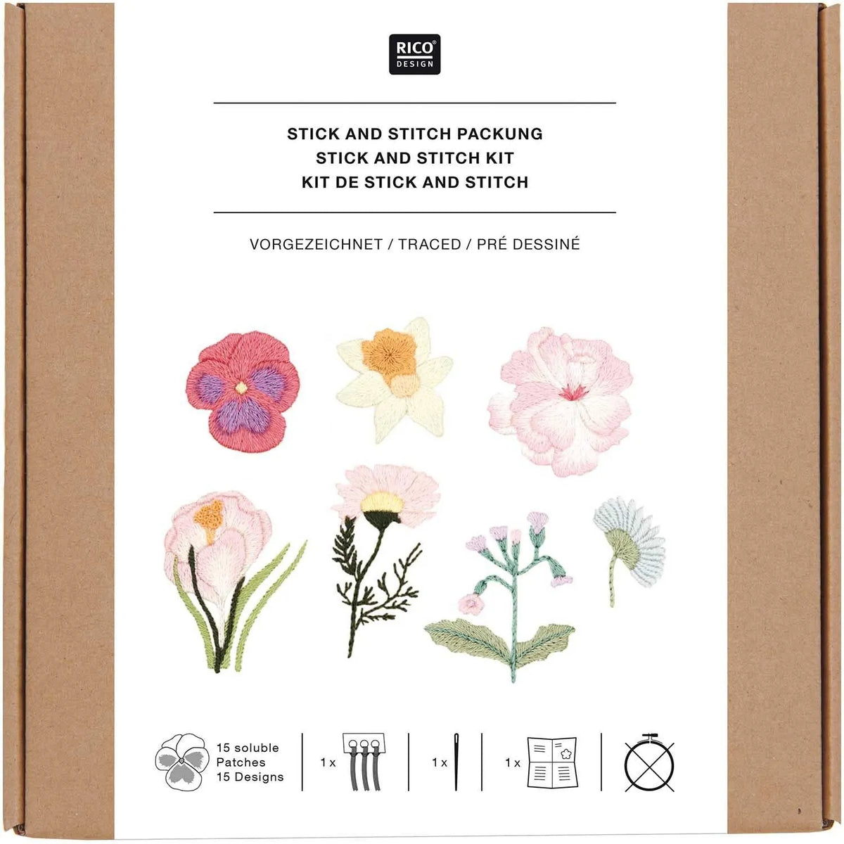 Rico Design Stick and Stitch embroidery kit packaging with spring flower designs