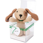 Finished crochet dog in gift box with green string and heart tag