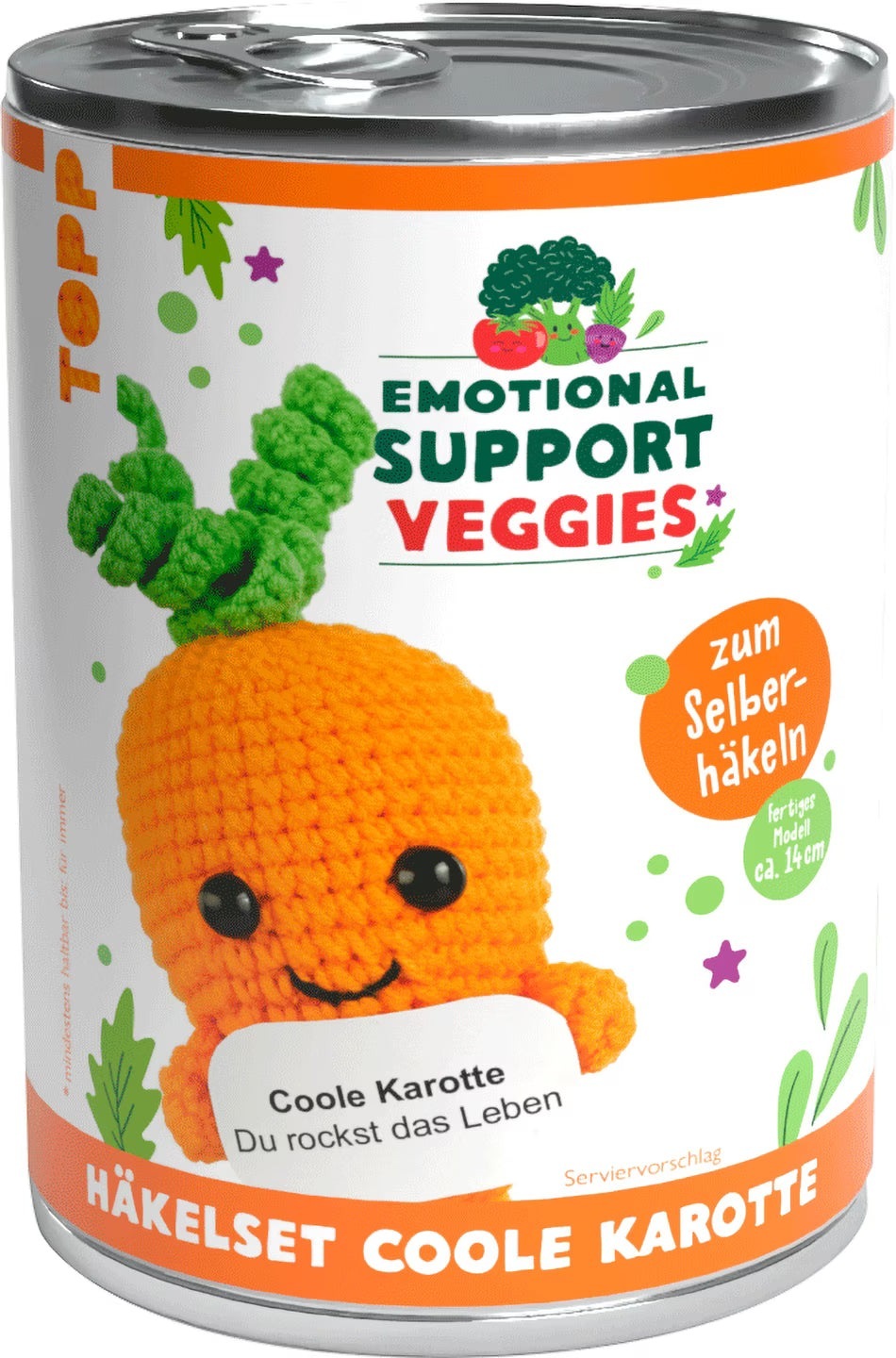 Emotional Support Veggies carrot crochet kit in cylindrical tin packaging with motivational card