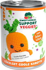 Emotional Support Veggies Karotten-Häkelset in zylindrischer Dose mit Motivationskarte