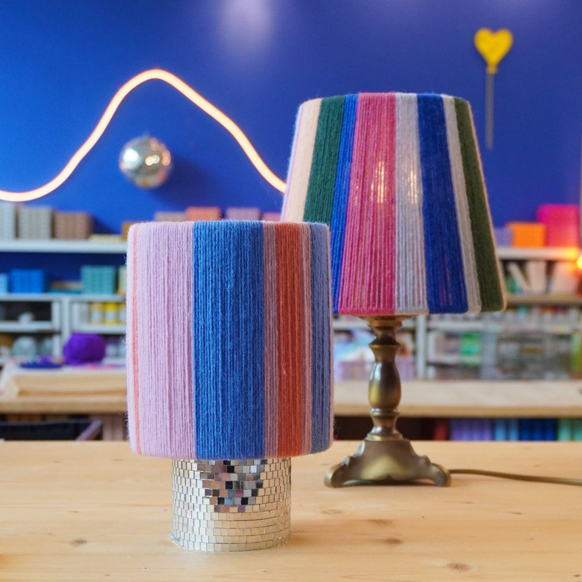 Pink blue orange striped wool lampshade with disco ball base
