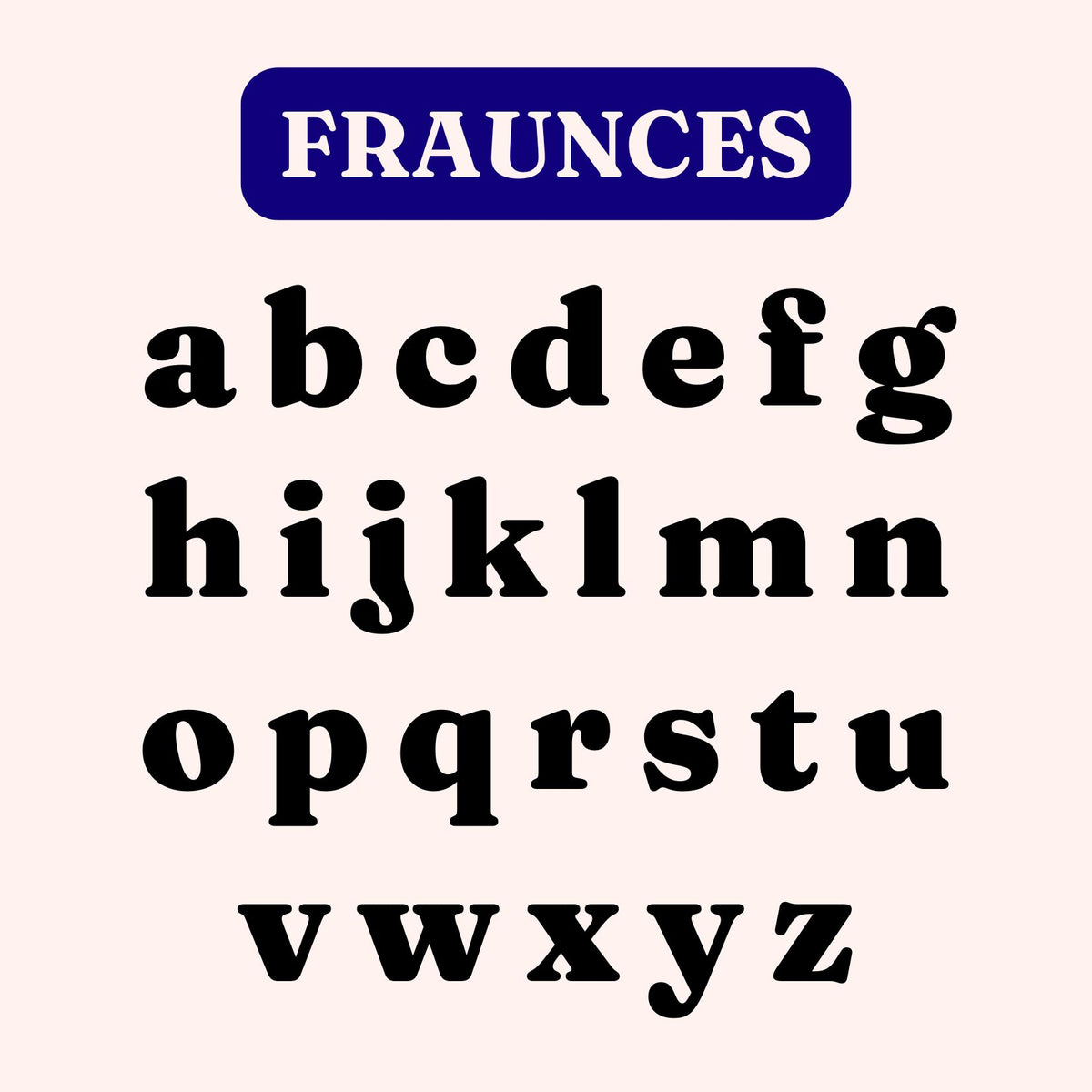 Franchesque lowercase serif alphabet font specimen sheet