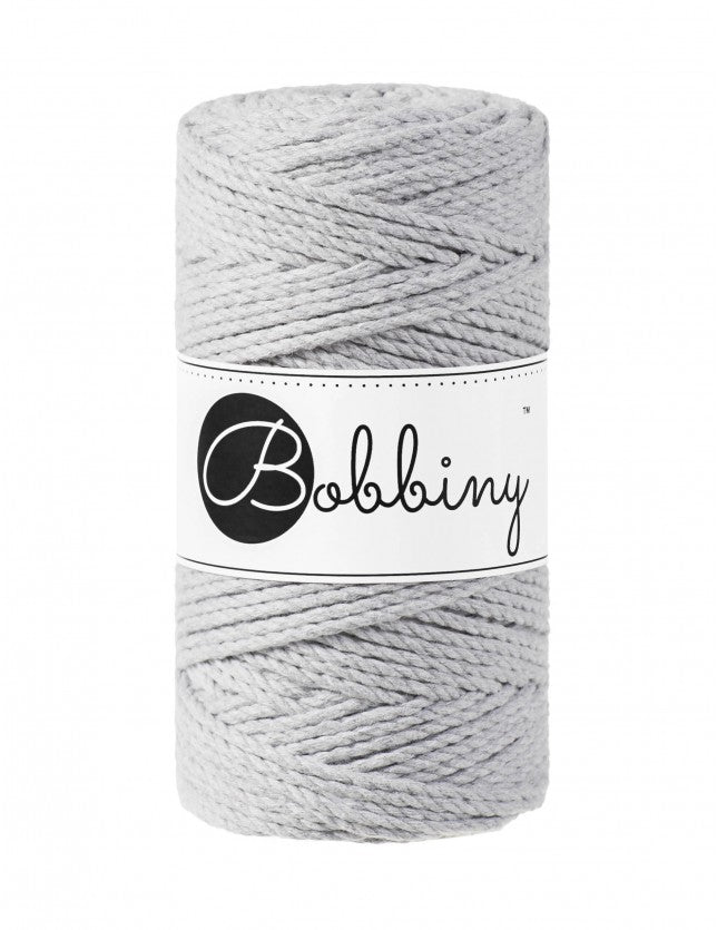 Bobbiny 3-ply macramé rope, 3mm and 100m, in light grey
