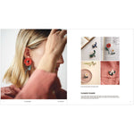 Red crocheted poppy earring worn by model in pattern book spread