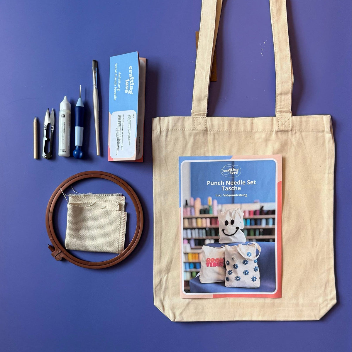 Punch Needle Set Tasche with organic cotton tote bag, fine punch needle, black yarn, embroidery hoop, and tutorial for beginners