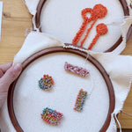 Punch Needle workshop samples on embroidery hoops
