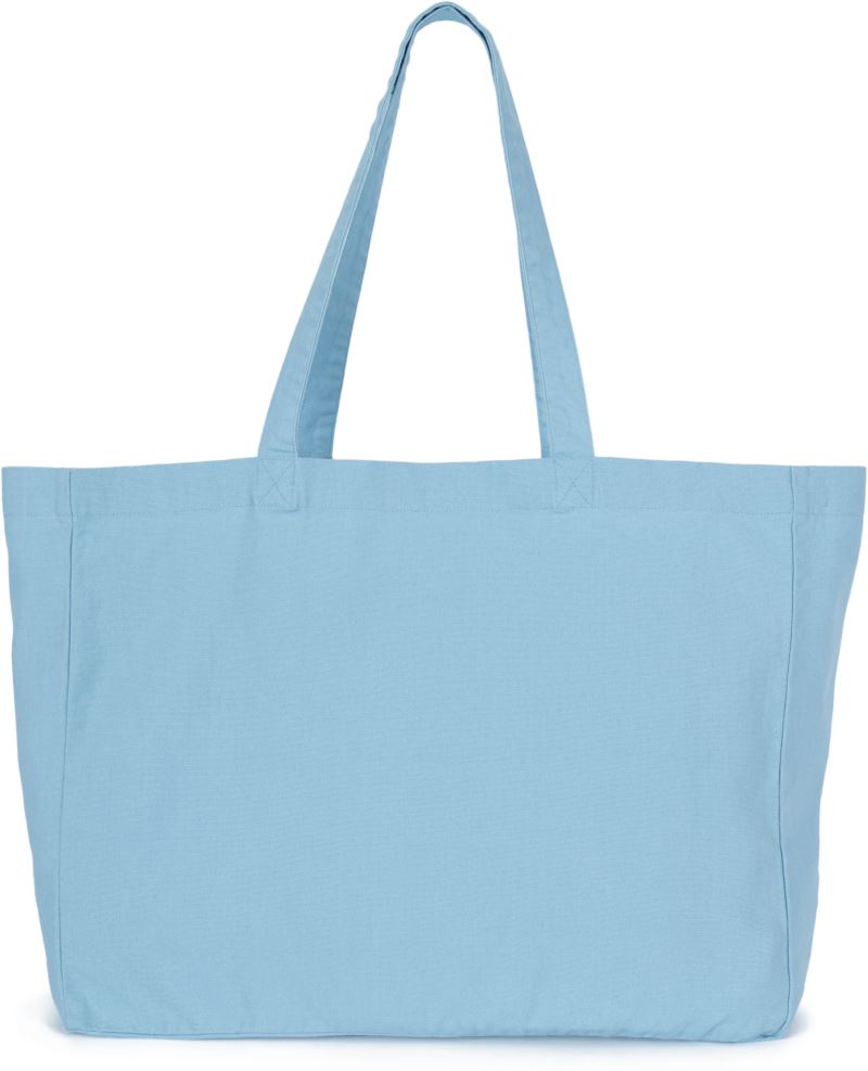 Light blue cotton shopper bag featuring reinforced handle stitching
