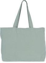 Sage green cotton shopper bag displayed with handles pulled taut
