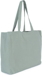 Sage green 100% cotton shopper bag three-quarter angle showing flat bottom