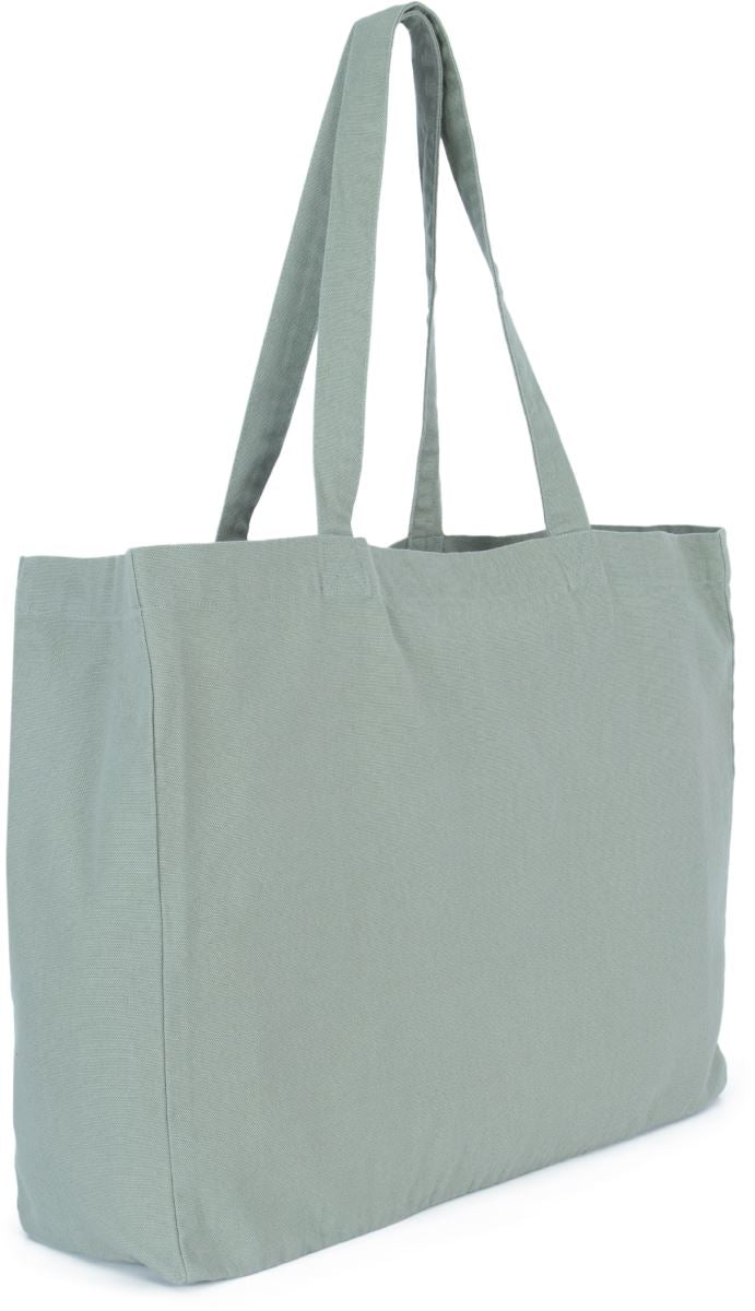 Sage green 100% cotton shopper bag three-quarter angle showing flat bottom
