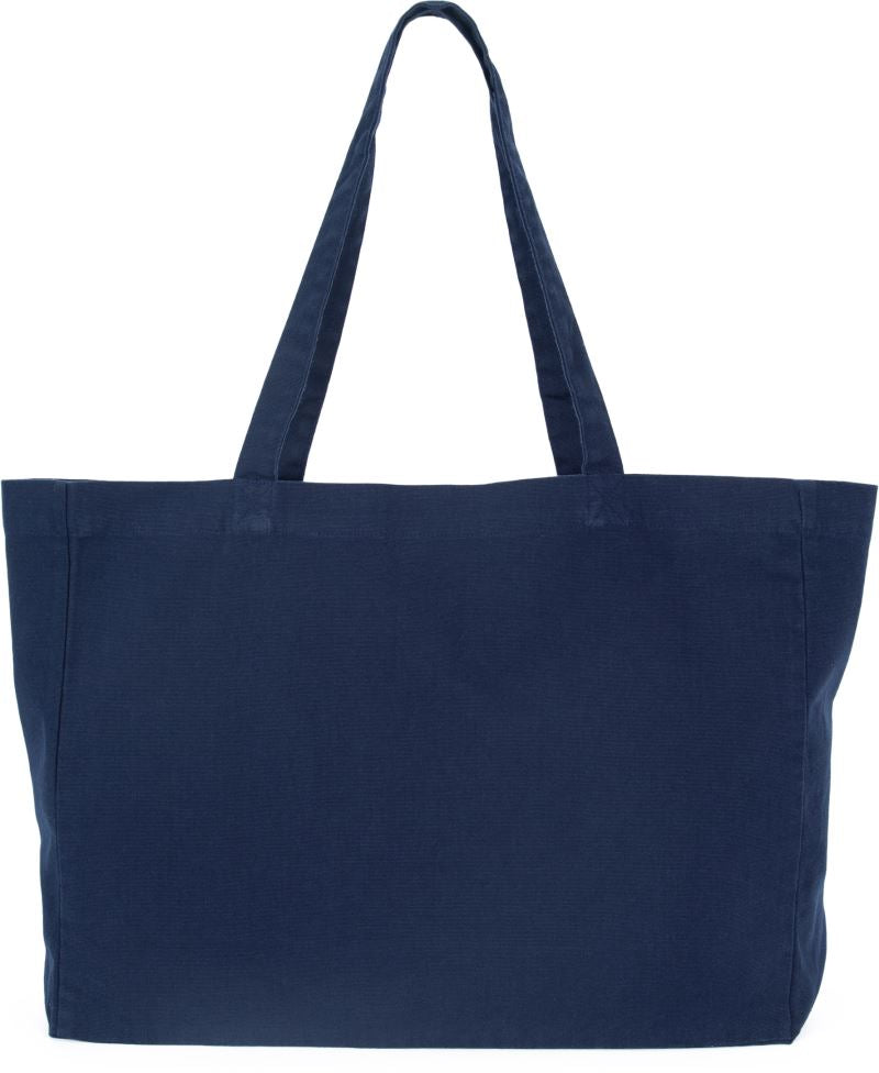 Navy blue heavyweight cotton tote bag with flat base on white background
