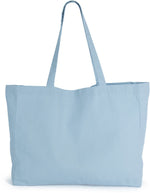 Light blue washable cotton tote bag with wide open top and vintage aesthetic